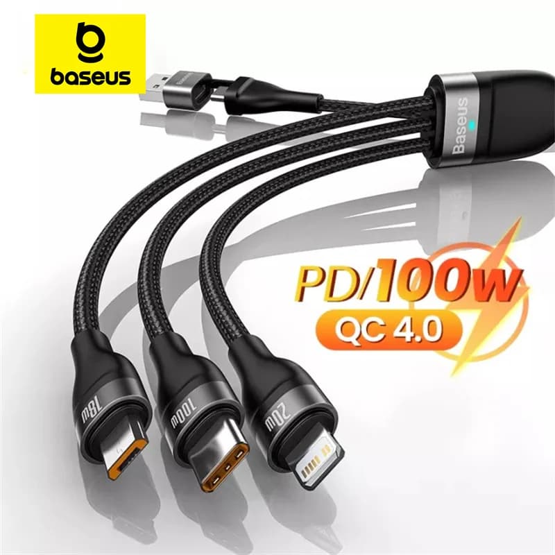 3-in-1 100W Fast Charging Cable with Type-C and Micro USB